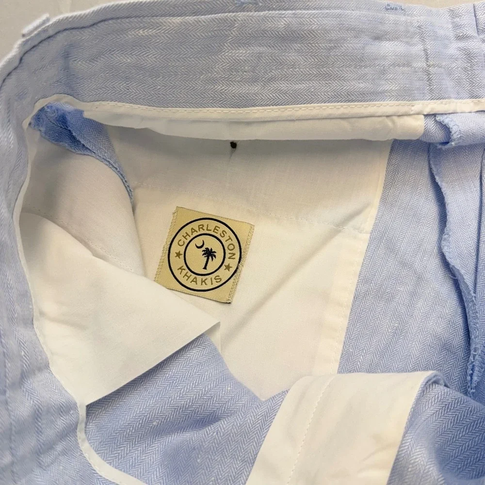 Charleston Khakis Mens Light Blue 100% Linen Herringbone Dress Pants 37R 32L